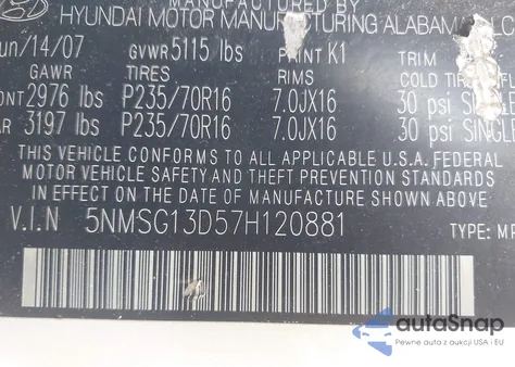 2007 Hyundai Santa Fe Gls from USA, damaged, VIN 5NMSG13D57H120881